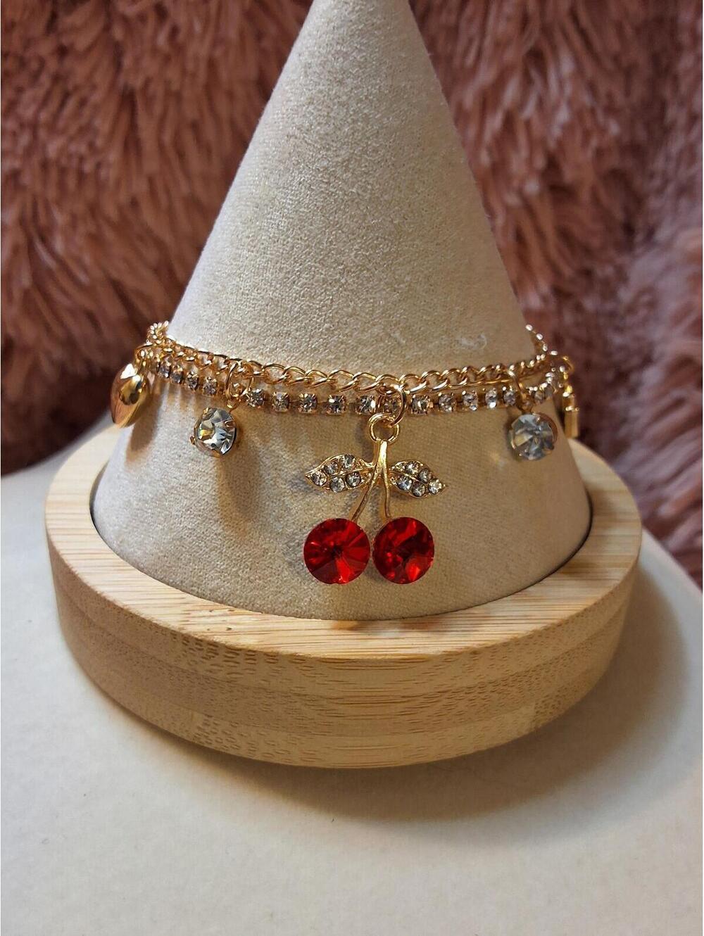 FASHION GOLD CHERRY 2 LAYERED BRACELET WITH 5 CHARMS